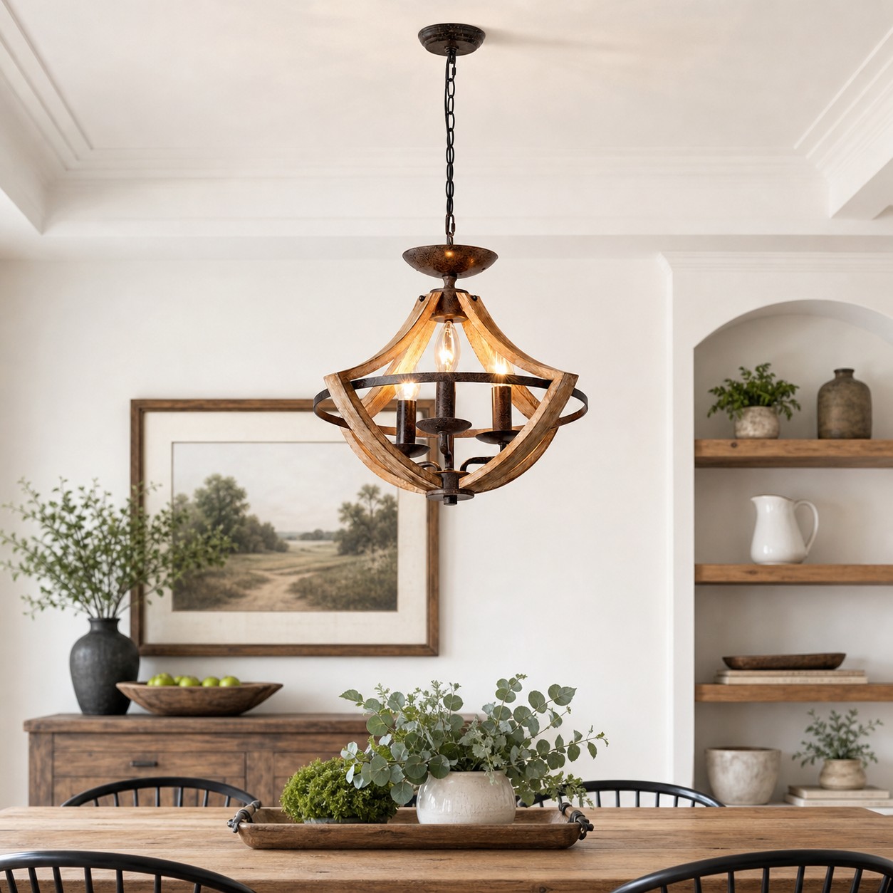 Rustic 3-light pendant chandelier in a farmhouse interior