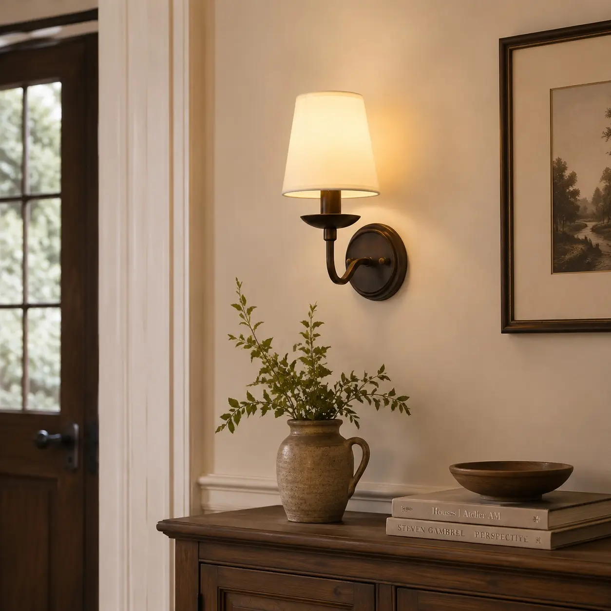 Antique bronze wall sconce above an entryway console