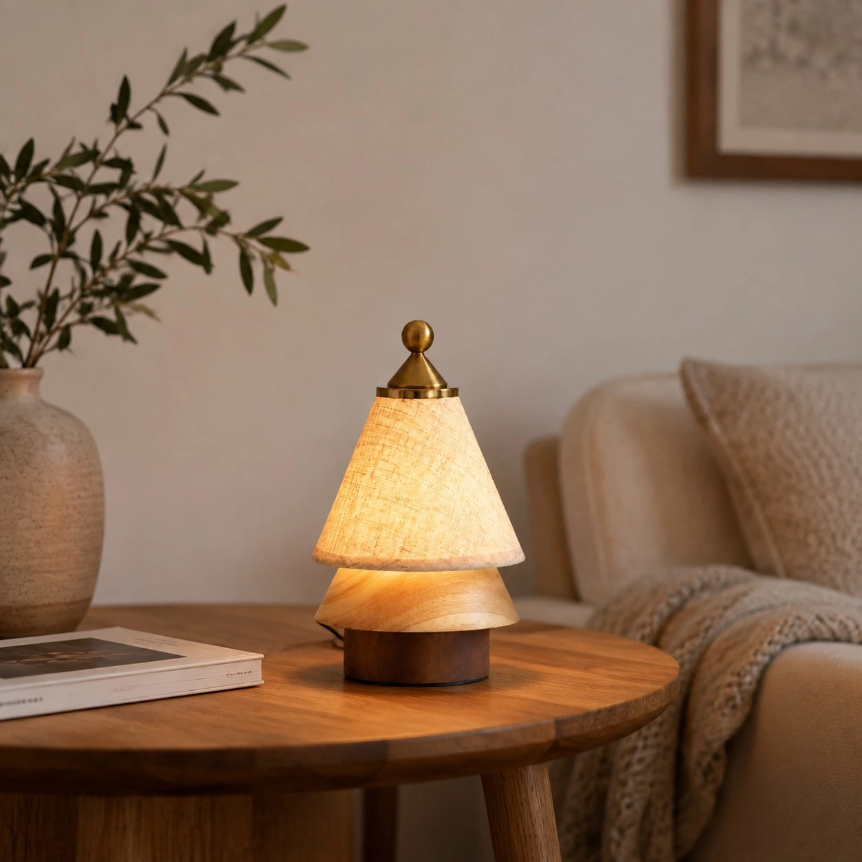 Fabric shade table lamp in a neutral living room