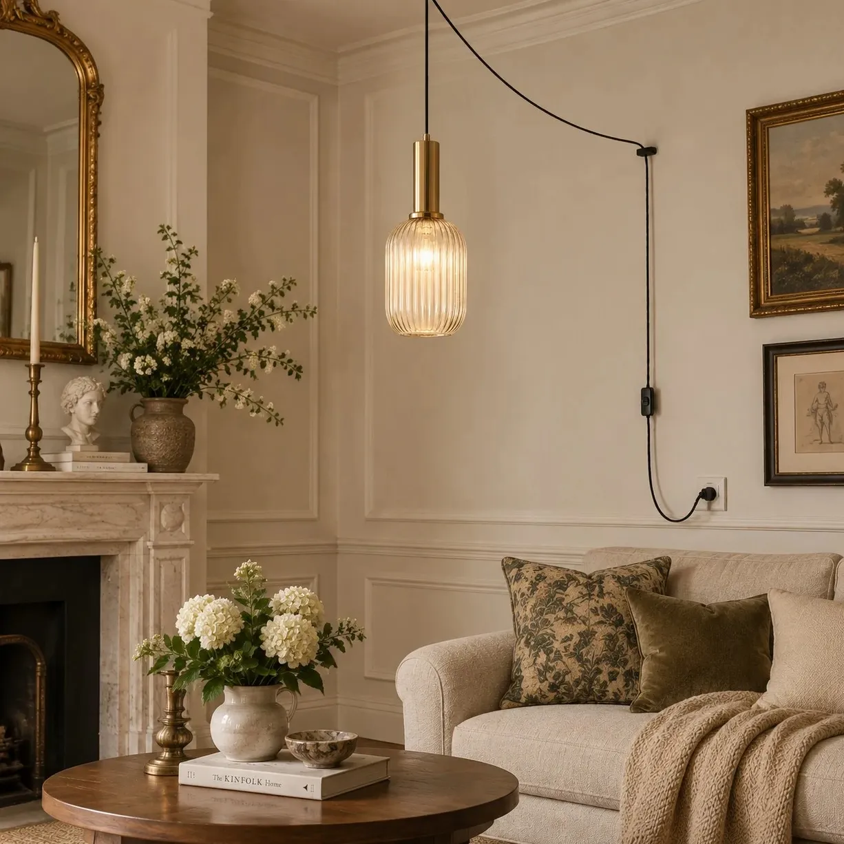 Retro ribbed glass plug-in pendant light in a home interior