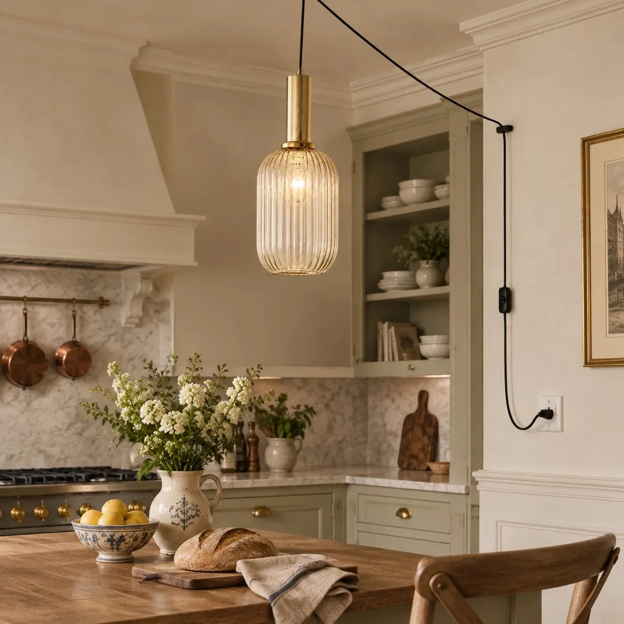 Retro ribbed glass plug-in pendant light in a home interior